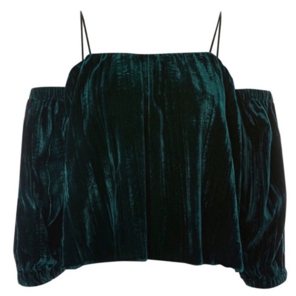 TOPSHOP off the shoulder emerald green velvet top